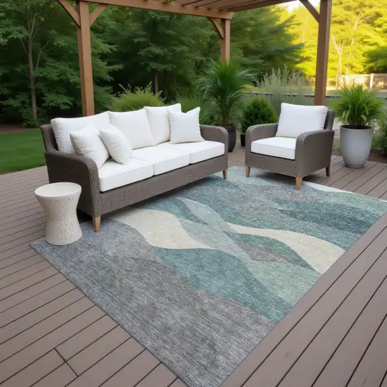 Teal Blue And Gray Abstract Washable Indoor Outdoor Area Rug Photo 6