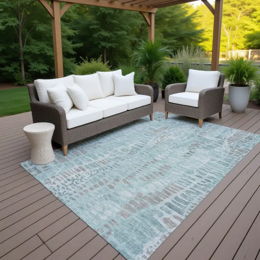 Teal Blue And Gray Abstract Washable Indoor Outdoor Area Rug Photo 7