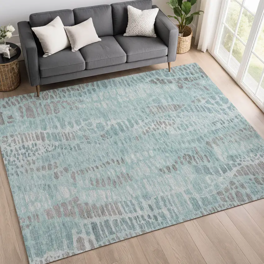 Teal Blue And Gray Abstract Washable Indoor Outdoor Area Rug Photo 5