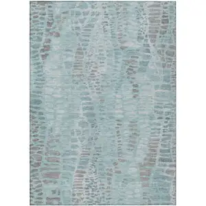 Photo of Teal Blue And Gray Abstract Washable Indoor Outdoor Area Rug