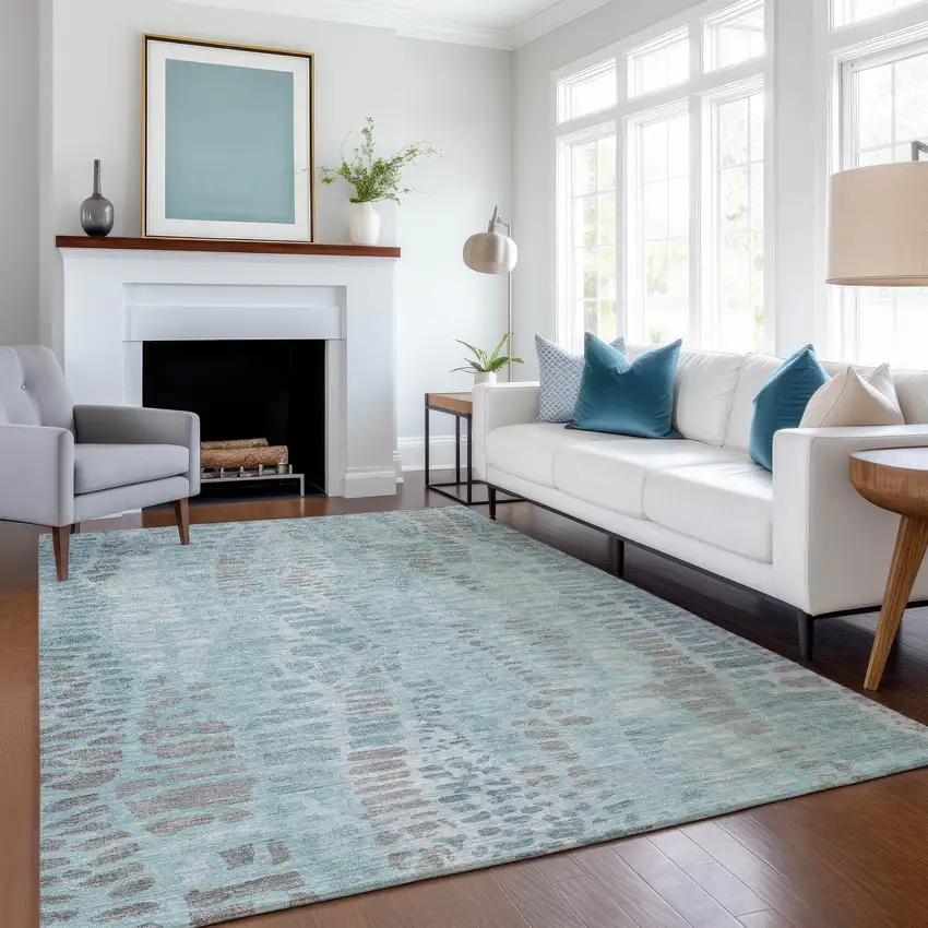 Teal Blue And Gray Abstract Washable Indoor Outdoor Area Rug Photo 6