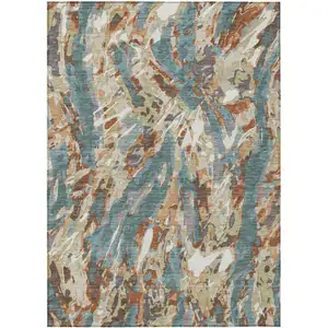 Photo of Teal Blue And Gray Abstract Washable Indoor Outdoor Area Rug