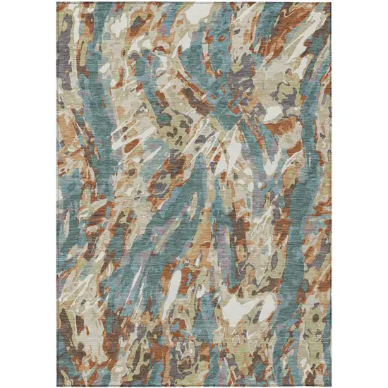 Teal Blue And Gray Abstract Washable Indoor Outdoor Area Rug Photo 1