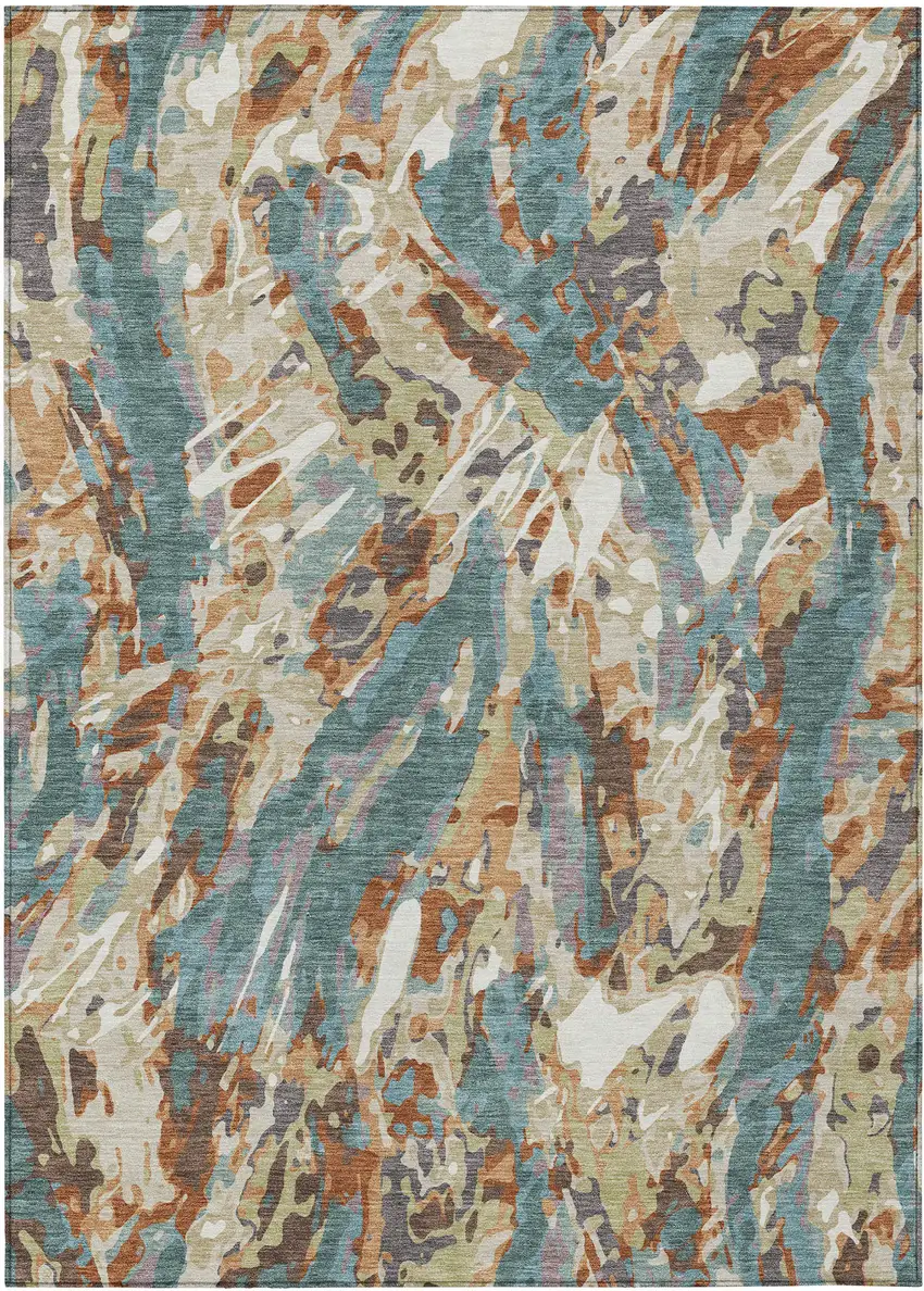 Teal Blue And Gray Abstract Washable Indoor Outdoor Area Rug Photo 1