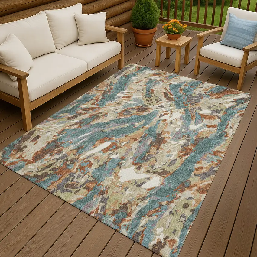 Teal Blue And Gray Abstract Washable Indoor Outdoor Area Rug Photo 4