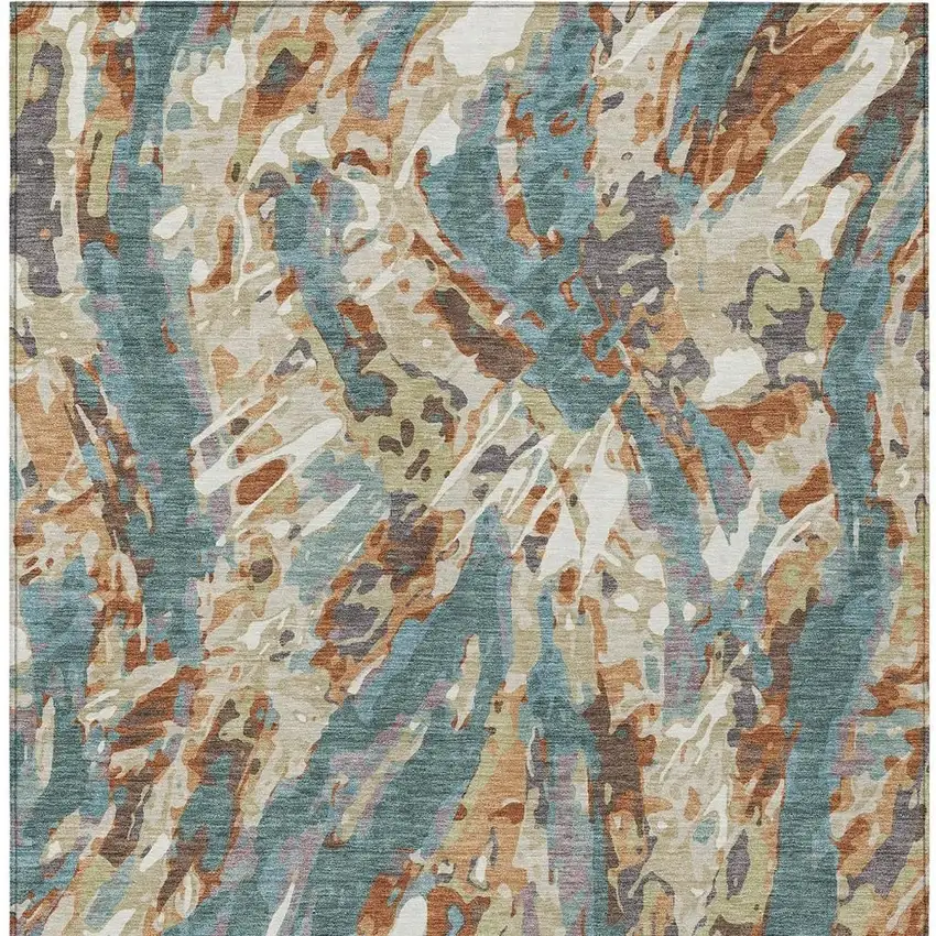 Teal Blue And Gray Abstract Washable Indoor Outdoor Area Rug Photo 3