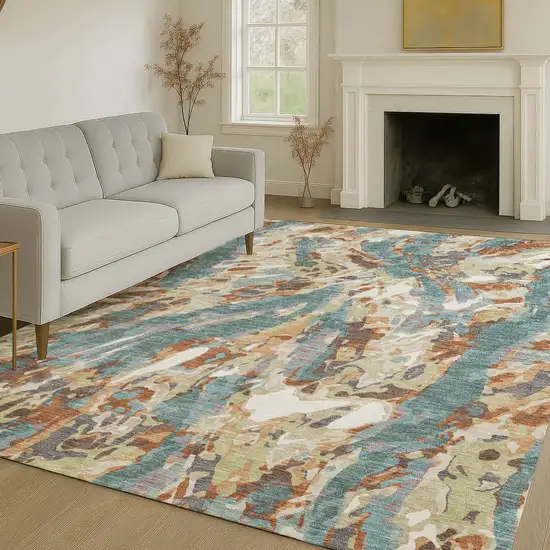 Teal Blue And Gray Abstract Washable Indoor Outdoor Area Rug Photo 6