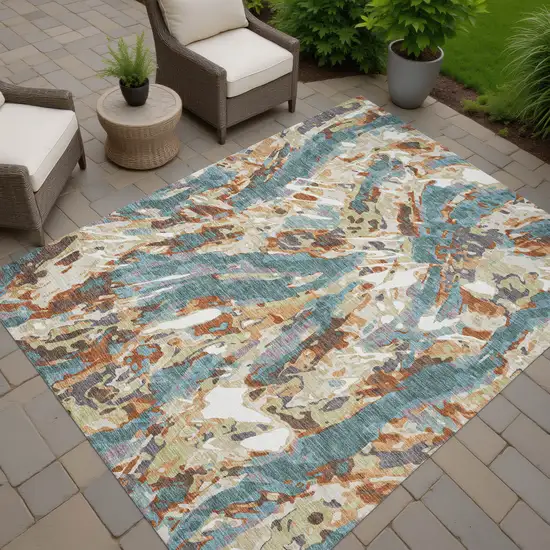 Teal Blue And Gray Abstract Washable Indoor Outdoor Area Rug Photo 7