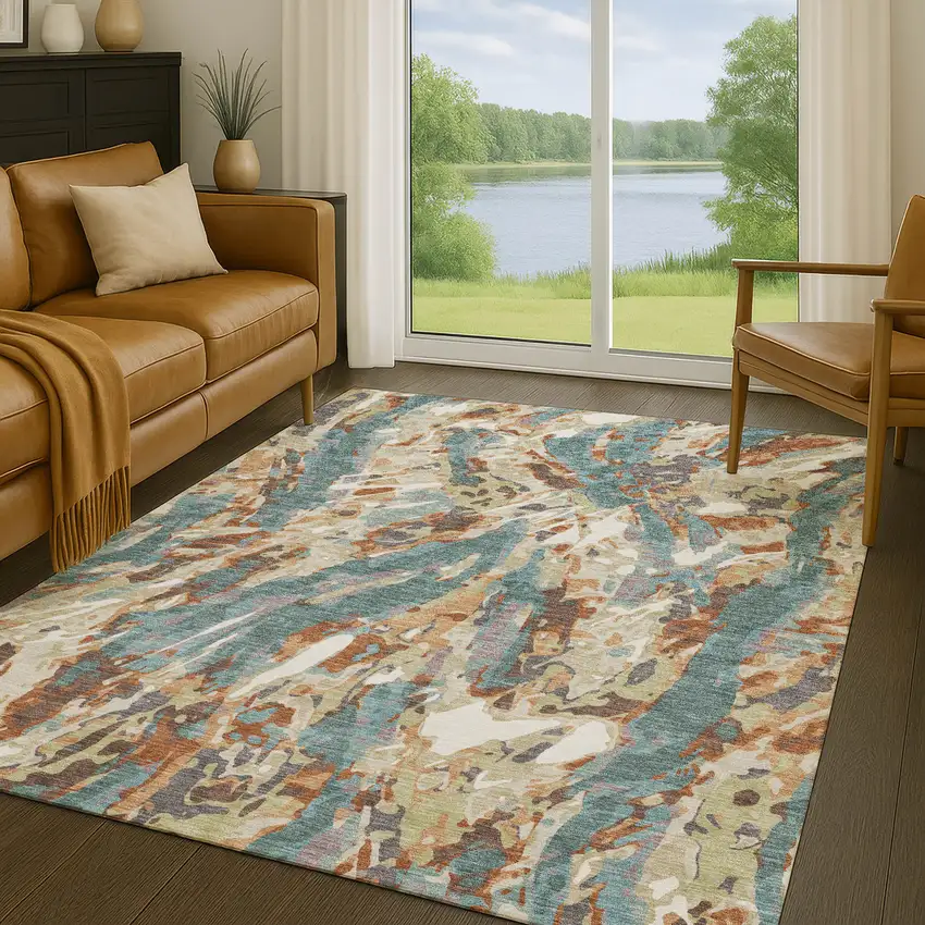 Teal Blue And Gray Abstract Washable Indoor Outdoor Area Rug Photo 5