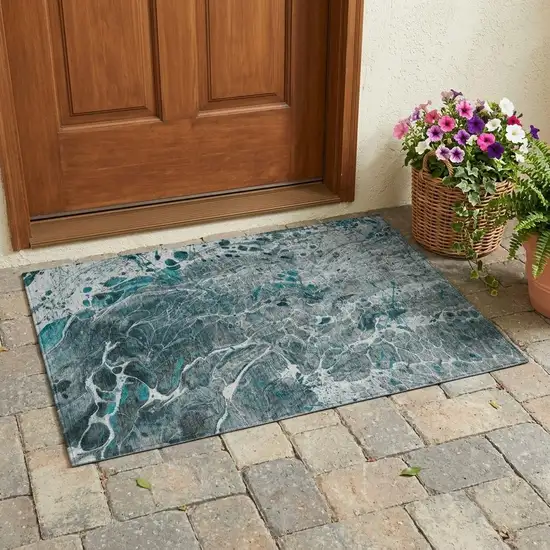 Teal Blue And Gray Abstract Washable Indoor Outdoor Area Rug Photo 1