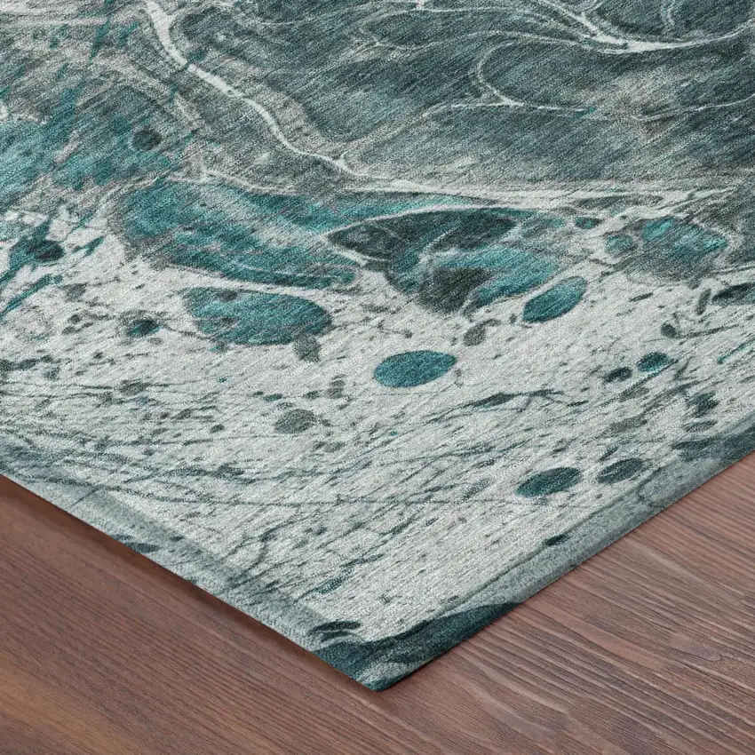 Teal Blue And Gray Abstract Washable Indoor Outdoor Area Rug Photo 5