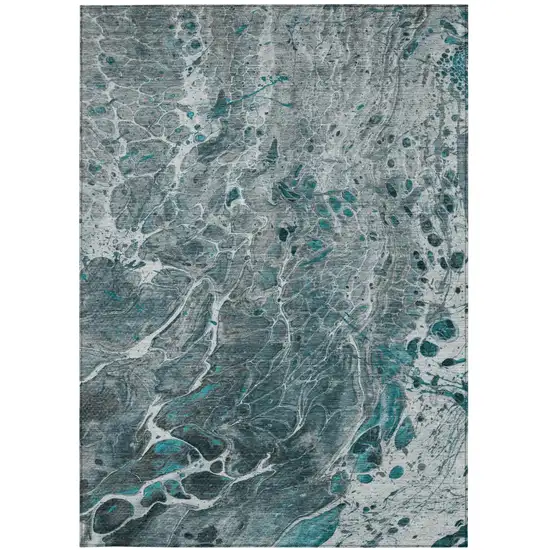Teal Blue And Gray Abstract Washable Indoor Outdoor Area Rug Photo 4