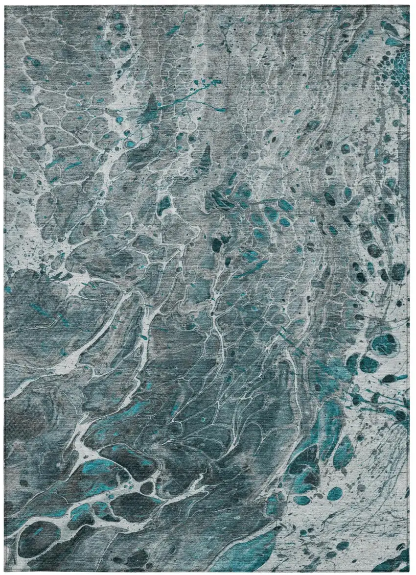 Teal Blue And Gray Abstract Washable Indoor Outdoor Area Rug Photo 4