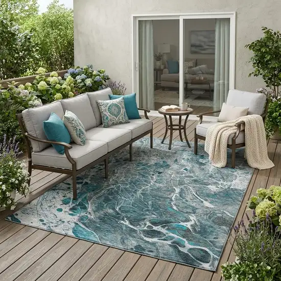 Teal Blue And Gray Abstract Washable Indoor Outdoor Area Rug Photo 1