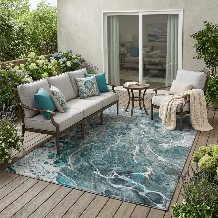 Teal Blue And Gray Abstract Washable Indoor Outdoor Area Rug Photo 1