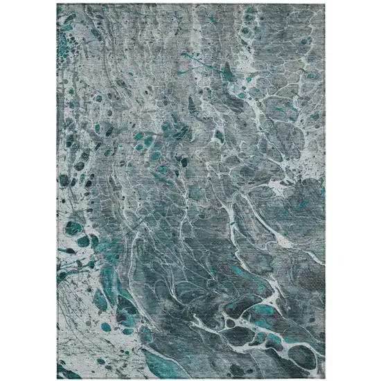 Teal Blue And Gray Abstract Washable Indoor Outdoor Area Rug Photo 2
