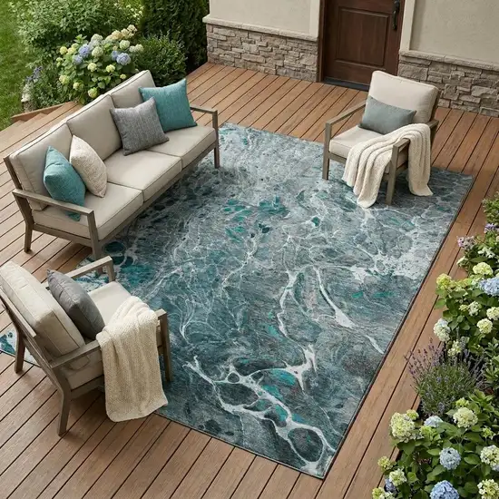 Teal Blue And Gray Abstract Washable Indoor Outdoor Area Rug Photo 1