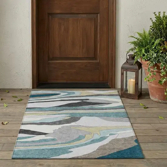Teal Blue And Gray Abstract Washable Indoor Outdoor Area Rug Photo 1