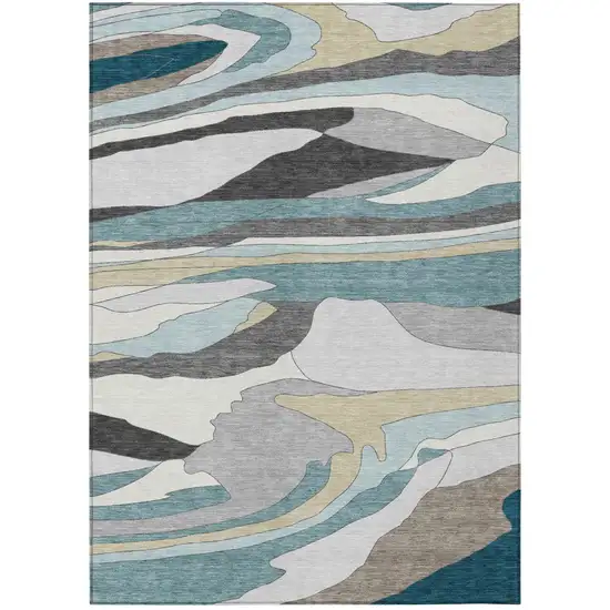 Teal Blue And Gray Abstract Washable Indoor Outdoor Area Rug Photo 2