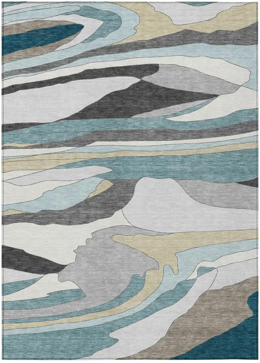 Teal Blue And Gray Abstract Washable Indoor Outdoor Area Rug Photo 2