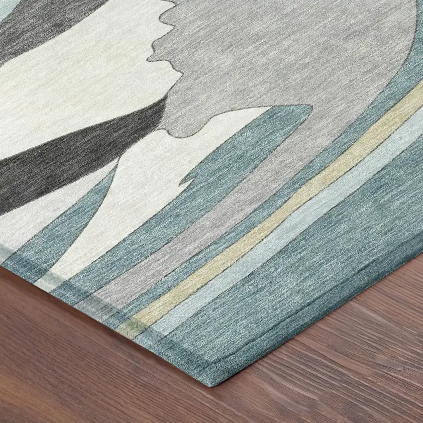 Teal Blue And Gray Abstract Washable Indoor Outdoor Area Rug Photo 3