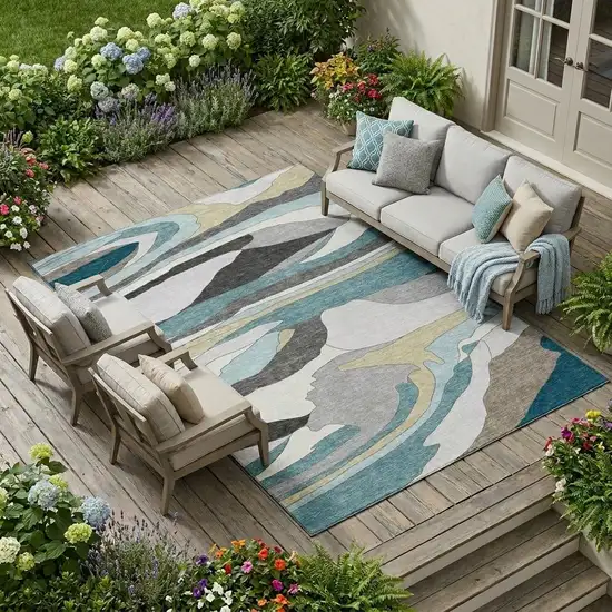 Teal Blue And Gray Abstract Washable Indoor Outdoor Area Rug Photo 1