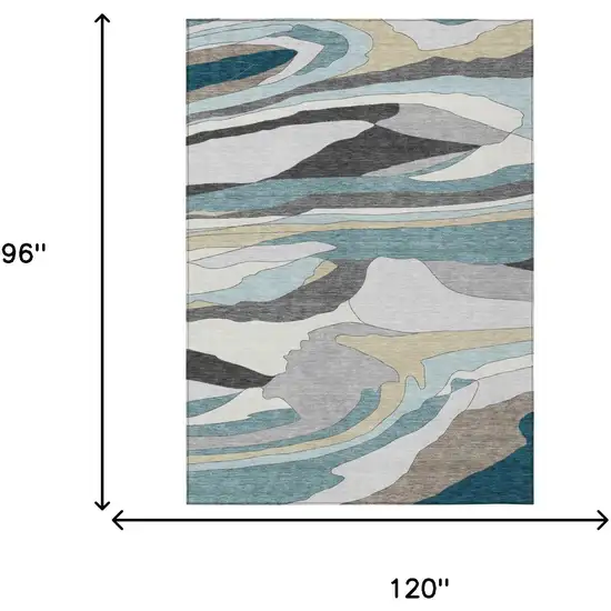 Teal Blue And Gray Abstract Washable Indoor Outdoor Area Rug Photo 5