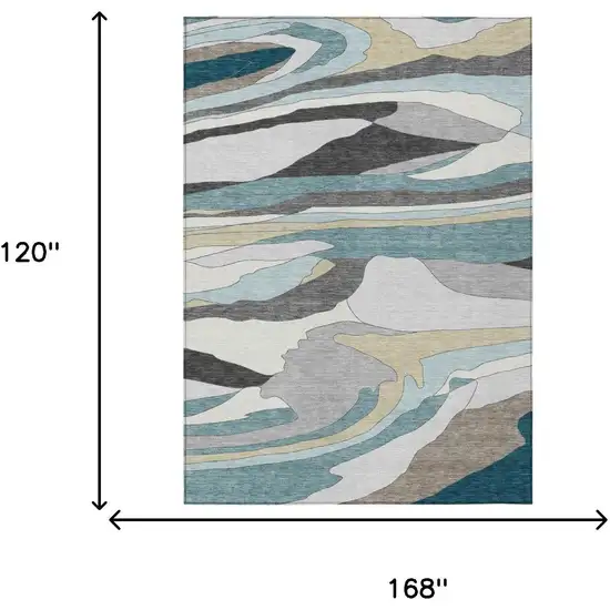 Teal Blue And Gray Abstract Washable Indoor Outdoor Area Rug Photo 5