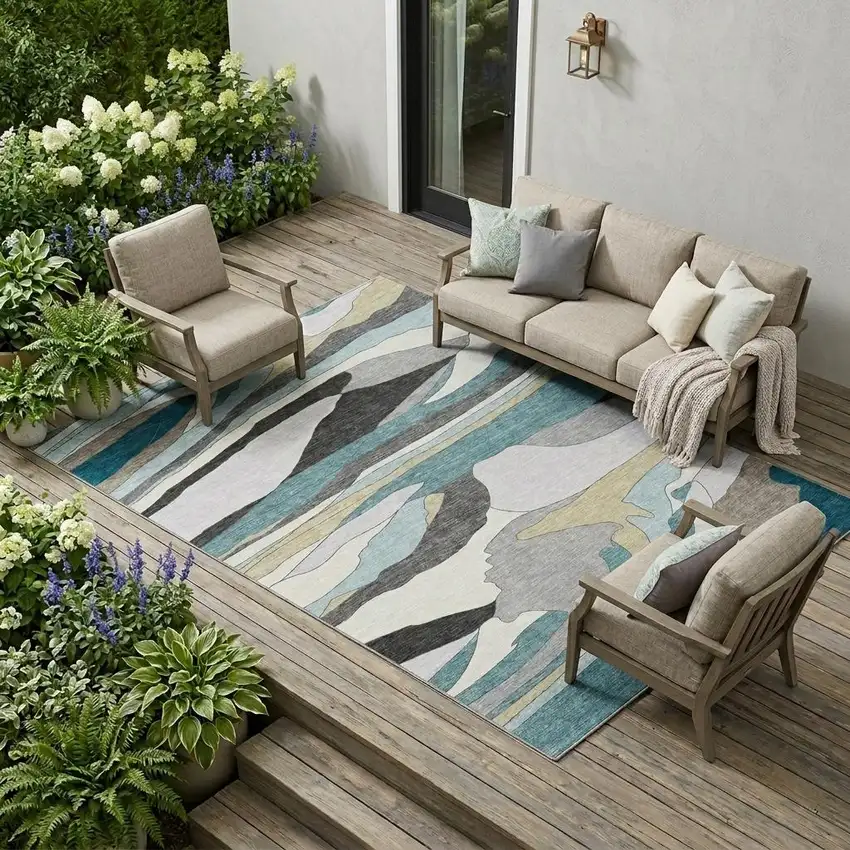 Teal Blue And Gray Abstract Washable Indoor Outdoor Area Rug Photo 1