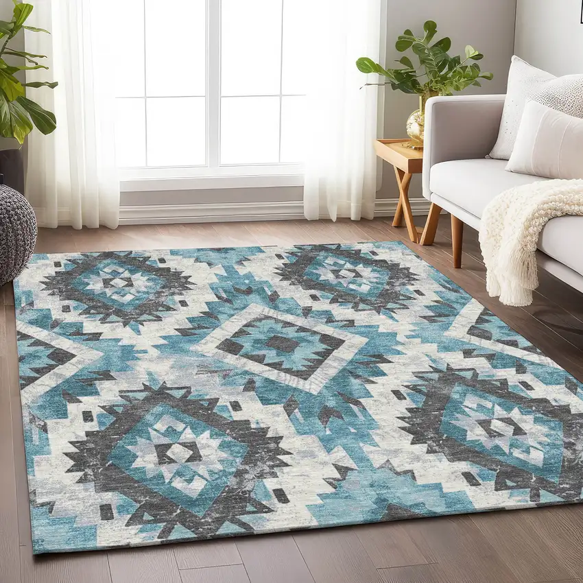 Teal Blue And Gray Aztec Washable Indoor Outdoor Area Rug Photo 6