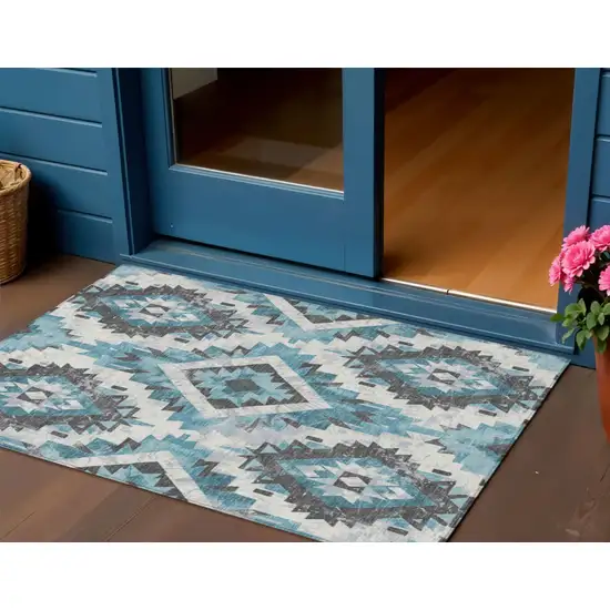 Teal Blue And Gray Aztec Washable Indoor Outdoor Area Rug Photo 2