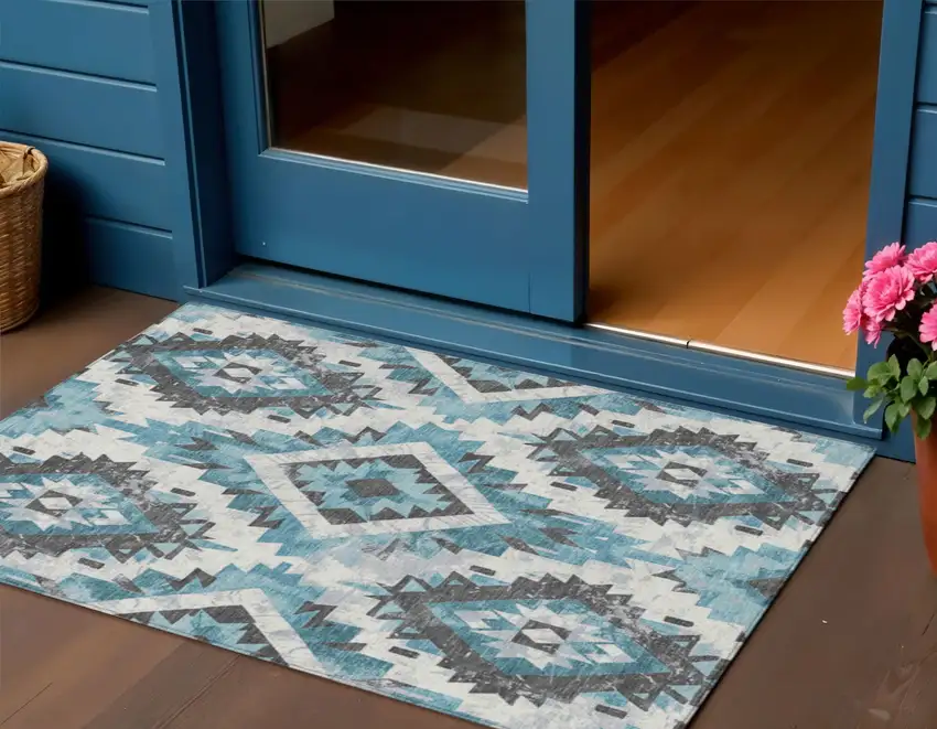 Teal Blue And Gray Aztec Washable Indoor Outdoor Area Rug Photo 2