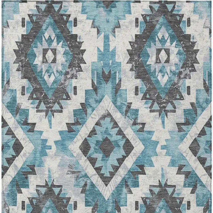Teal Blue And Gray Aztec Washable Indoor Outdoor Area Rug Photo 4