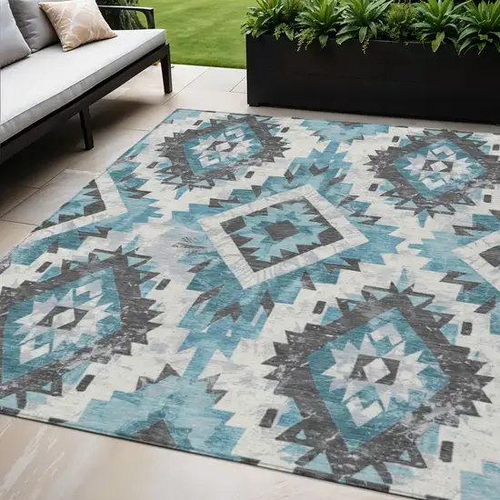 Teal Blue And Gray Aztec Washable Indoor Outdoor Area Rug Photo 2