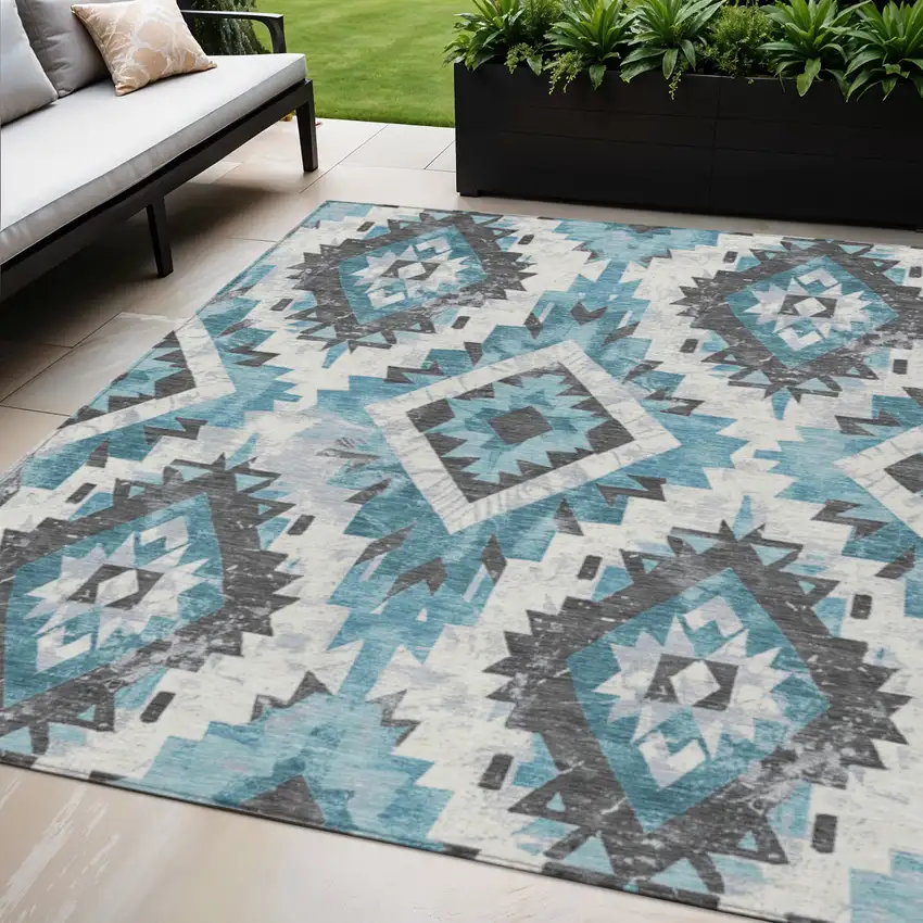Teal Blue And Gray Aztec Washable Indoor Outdoor Area Rug Photo 2