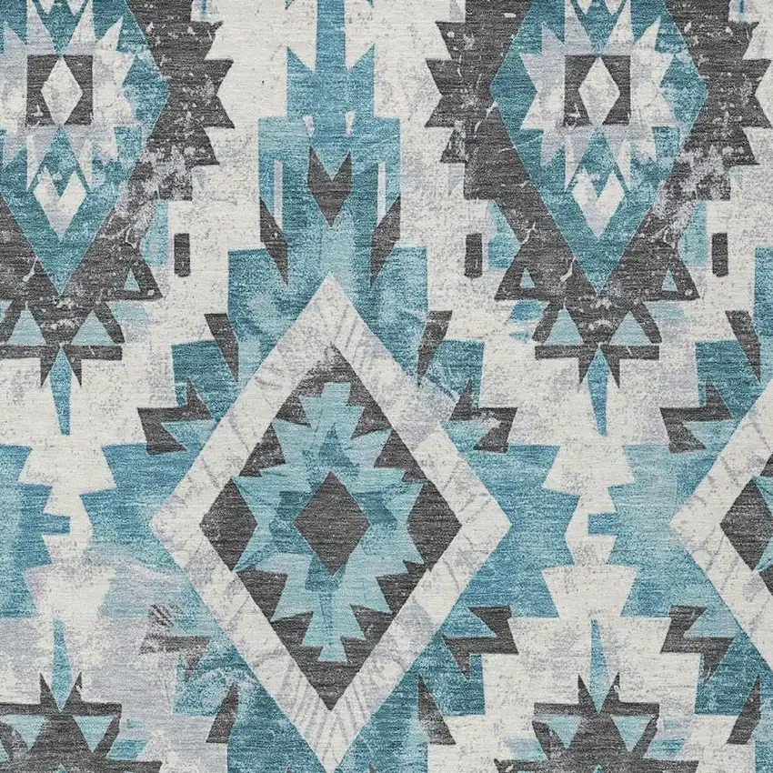 Teal Blue And Gray Aztec Washable Indoor Outdoor Area Rug Photo 4