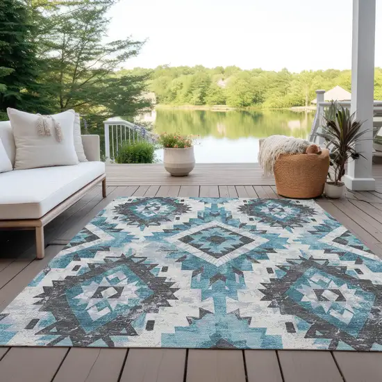 Teal Blue And Gray Aztec Washable Indoor Outdoor Area Rug Photo 5