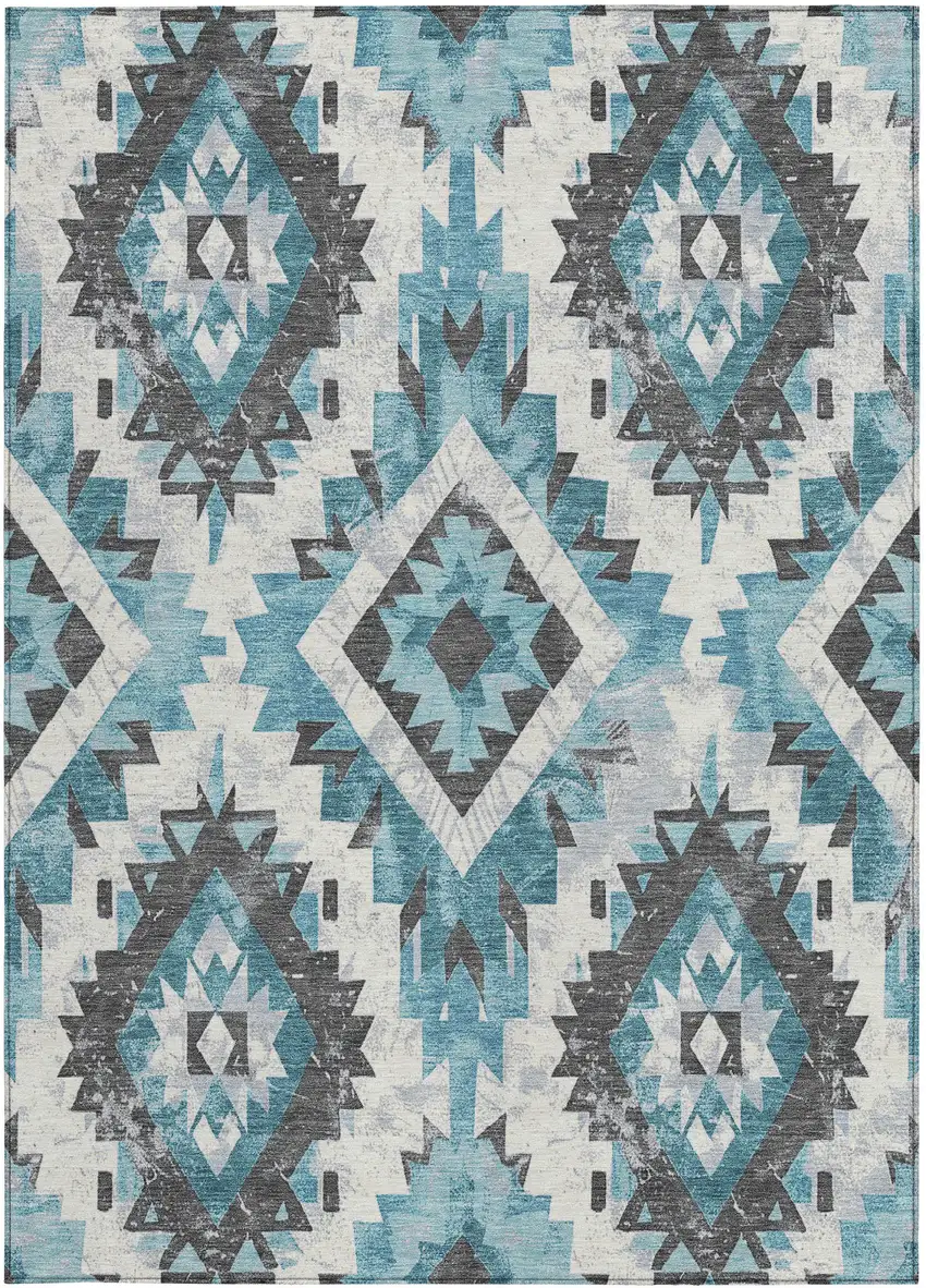 Teal Blue And Gray Aztec Washable Indoor Outdoor Area Rug Photo 3