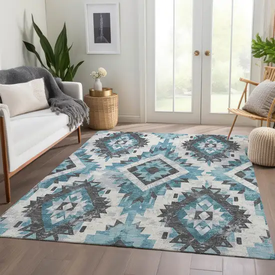 Teal Blue And Gray Aztec Washable Indoor Outdoor Area Rug Photo 7