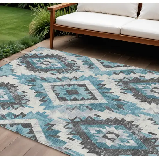 Teal Blue And Gray Aztec Washable Indoor Outdoor Area Rug Photo 2