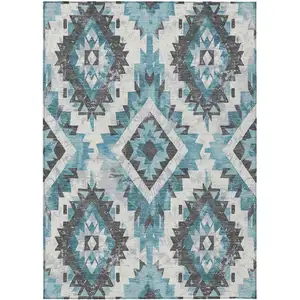 Photo of Teal Blue And Gray Aztec Washable Indoor Outdoor Area Rug