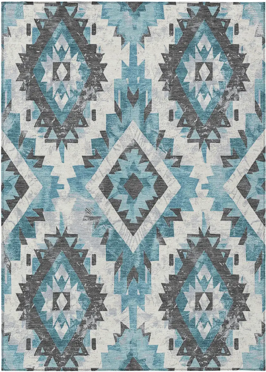 Teal Blue And Gray Aztec Washable Indoor Outdoor Area Rug Photo 1