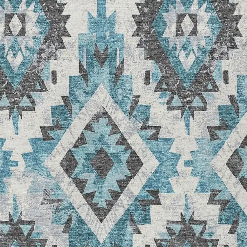 Teal Blue And Gray Aztec Washable Indoor Outdoor Area Rug Photo 4