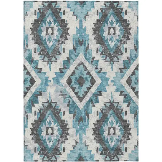 Teal Blue And Gray Aztec Washable Indoor Outdoor Area Rug Photo 1