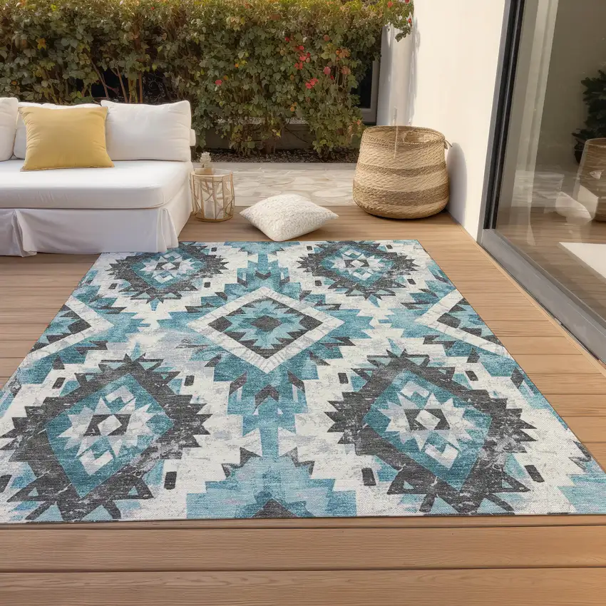 Teal Blue And Gray Aztec Washable Indoor Outdoor Area Rug Photo 8