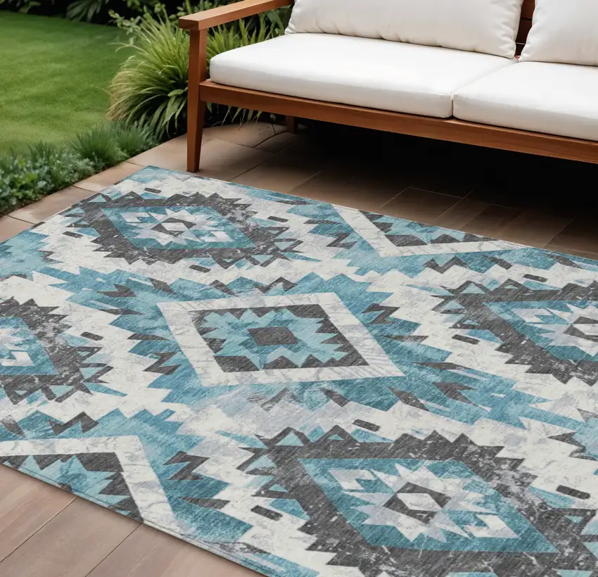 Teal Blue And Gray Aztec Washable Indoor Outdoor Area Rug Photo 2