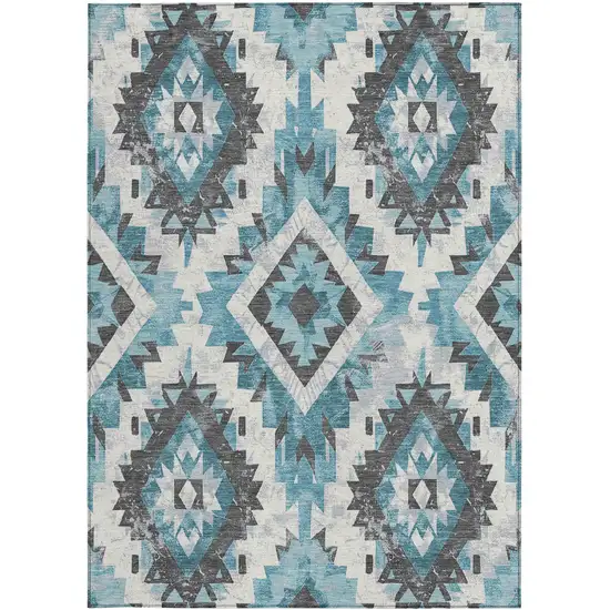 Teal Blue And Gray Aztec Washable Indoor Outdoor Area Rug Photo 3