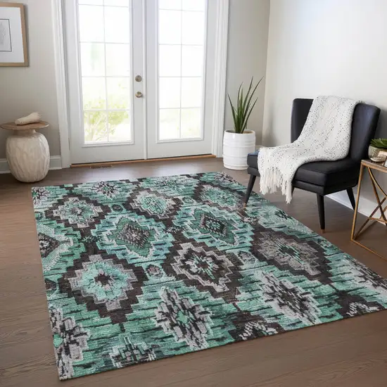 Teal Blue And Gray Aztec Washable Indoor Outdoor Area Rug Photo 6