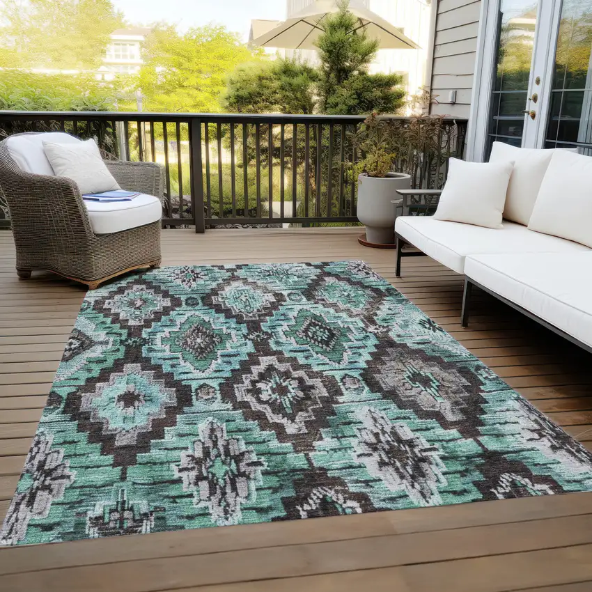 Teal Blue And Gray Aztec Washable Indoor Outdoor Area Rug Photo 8