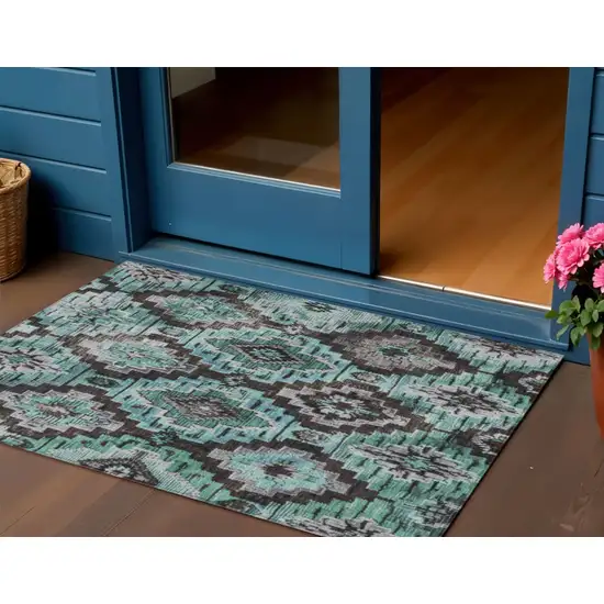Teal Blue And Gray Aztec Washable Indoor Outdoor Area Rug Photo 2